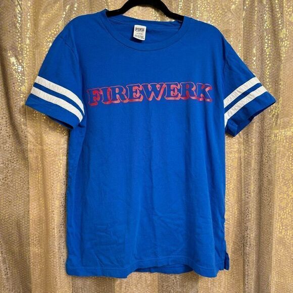 PINK Victorias Secret Red White Blue 4th of July Firewerk Campus T Shirt Large - Picture 1 of 7